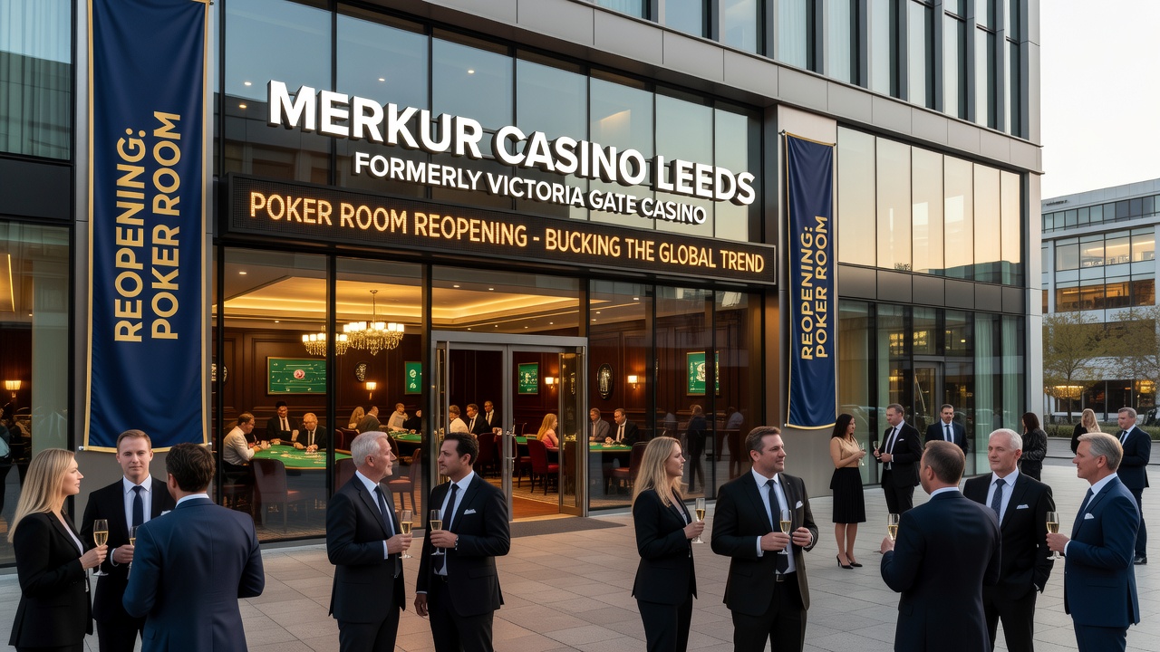 Interior poker room setup at a Merkur Group casino with felt tables and dealer stations ready for play