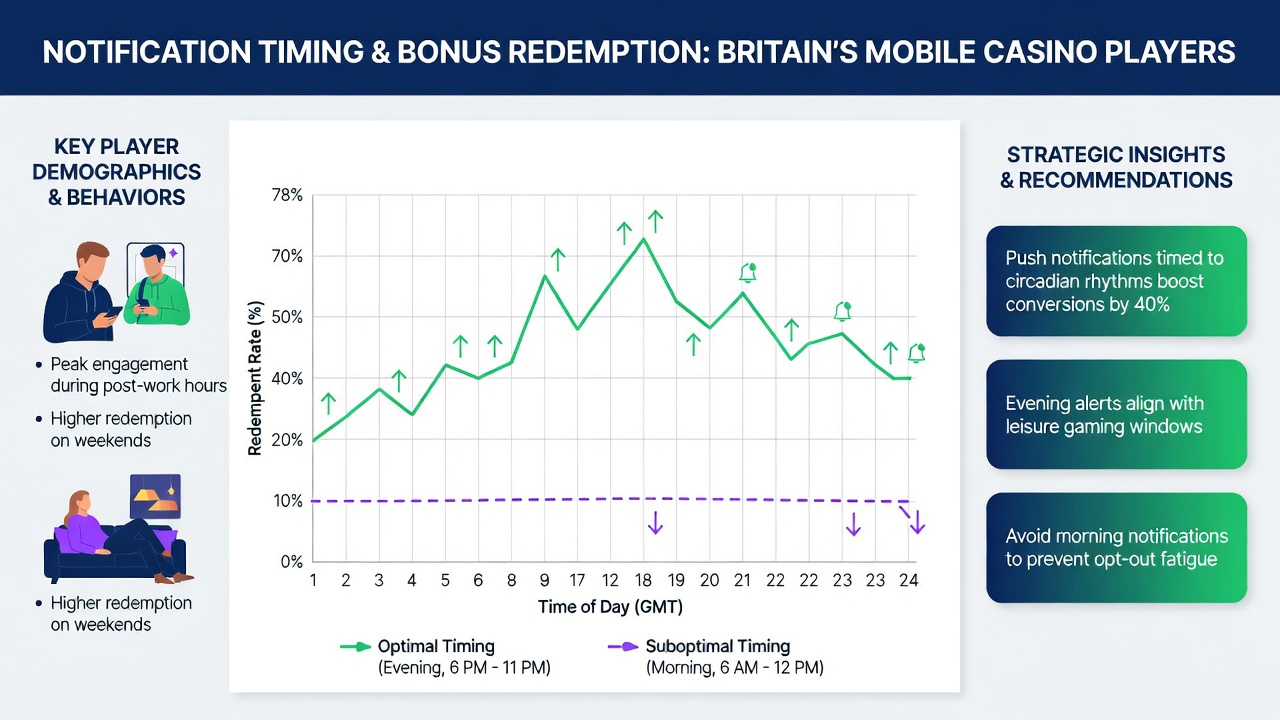 Data charts displaying redemption rates by notification time slots for British mobile casino bonuses