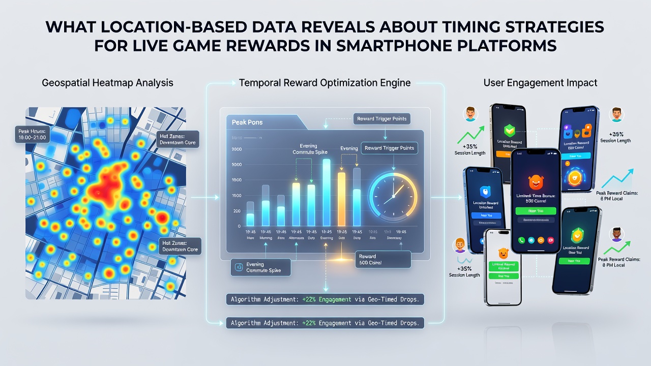 Analytics dashboard showing heatmaps of user locations and reward claim times across different smartphone models